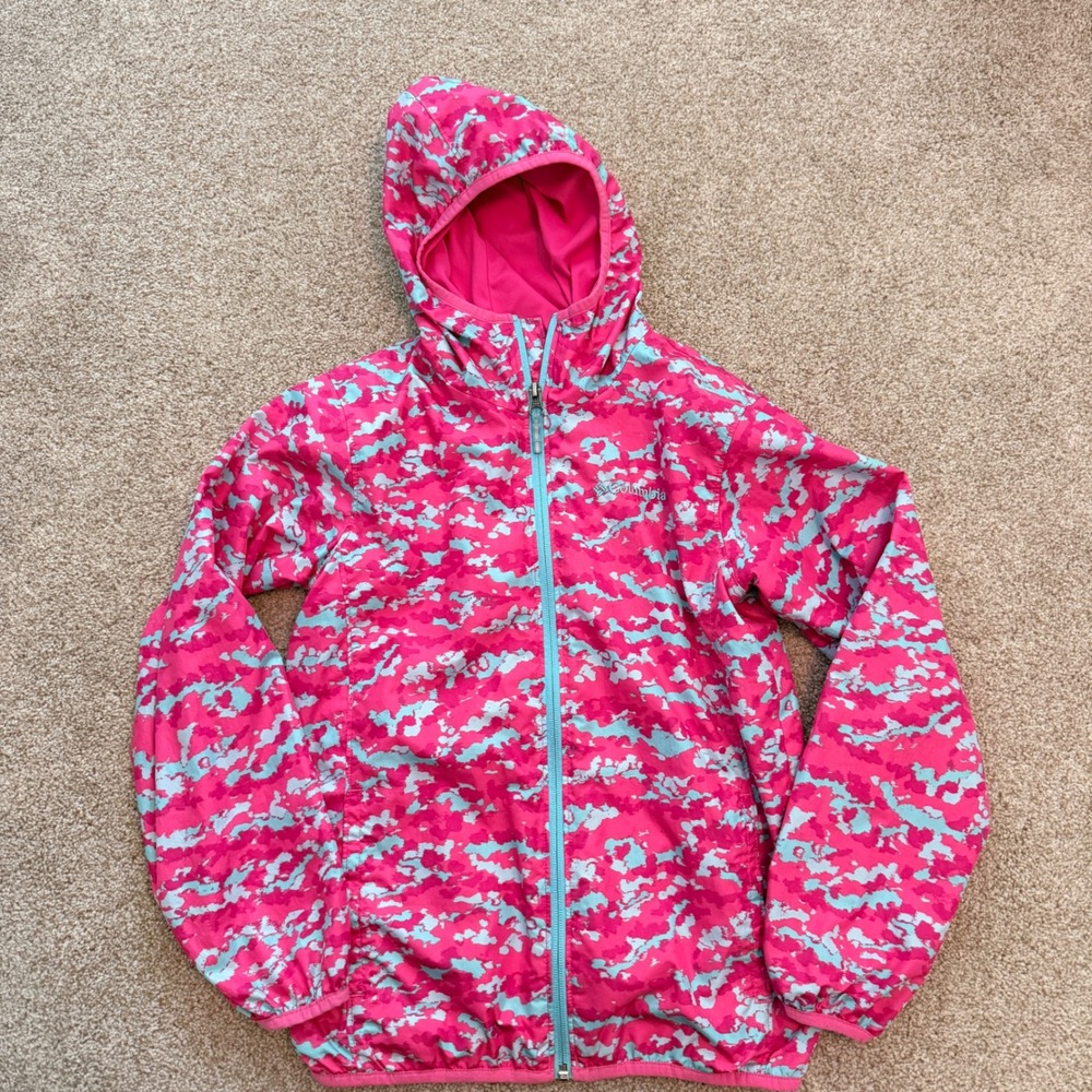 Columbia Windbreaker Jacket Kids Size M Pink Blue Digital Camo Omni-Wick Hooded